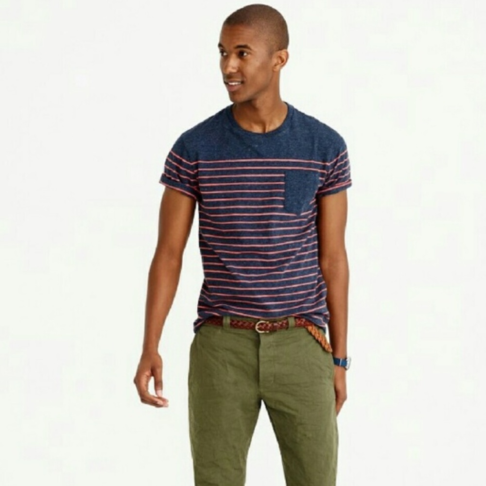 J. Crew - Men’s Garment Dyed Short Sleeved Slub Pocket Tee in Navy & Red Stripe - Picture 3 of 7